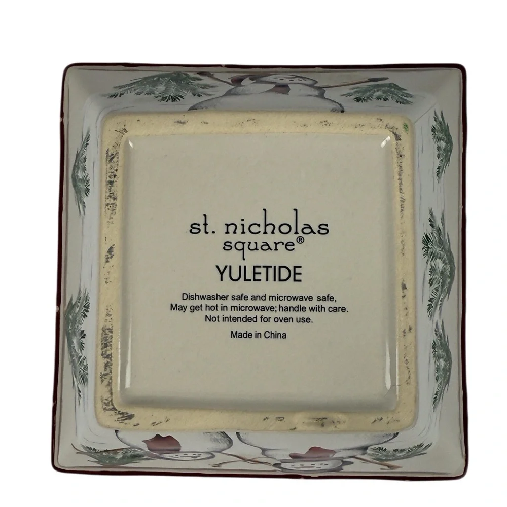 ST NICHOLAS Square “Yuletide” Snowman Square Ceramic Dish Red/Cream/Green EUC